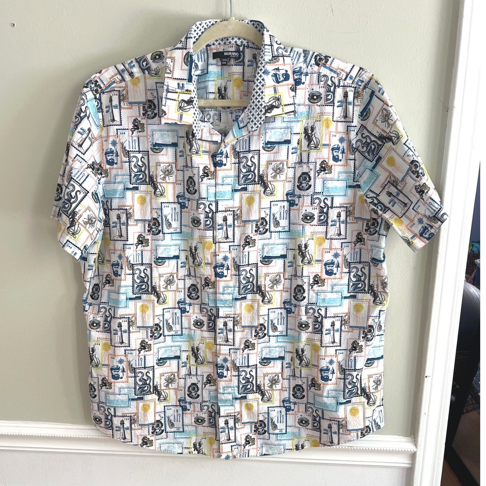 Murano Mens Shirt XXL Slim Fit Nautical Sea Stamp Cotton White rt